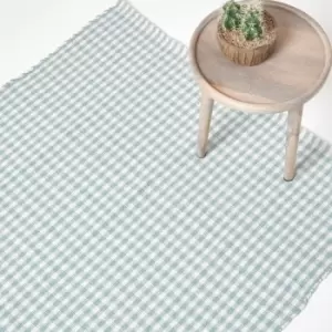 Image of Cotton Gingham Check Rug Hand Woven Blue White, 60 x 90cm - Blue - Homescapes