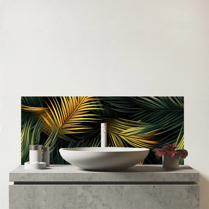 Image of Warren Reed - Designer Golden Palm Leaves Glass Bathroom Splashback in Green Green Unisex