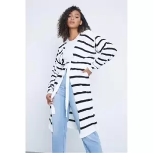 Image of I Saw It First Black & White Striped Midi Length Cardigan With Belt - Black