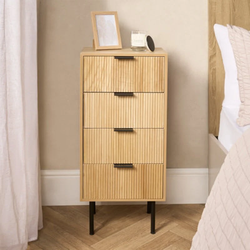 Image of OHS OHS Ribbed Bedside Table Modern Bedroom 4 Draw Office Nightstand in Natural Natural One Size Unisex 5027434212828