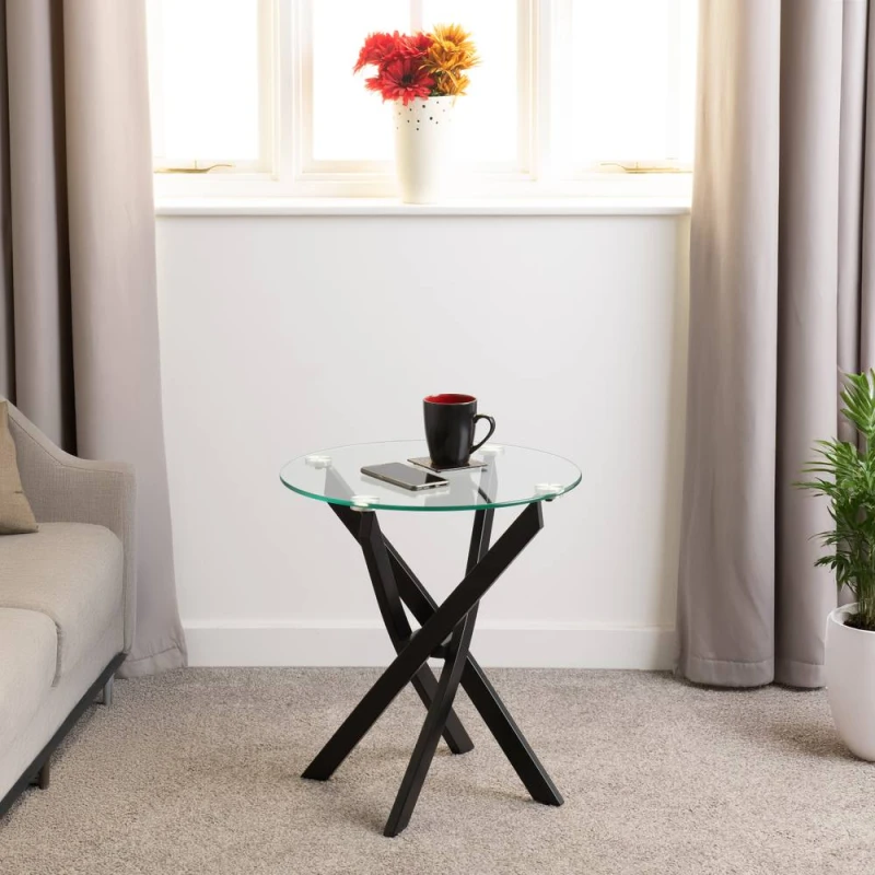 Image of Seconique Sheldon Lamp End Round Table Clear Glass Top With Stylish Black Wavy Legs