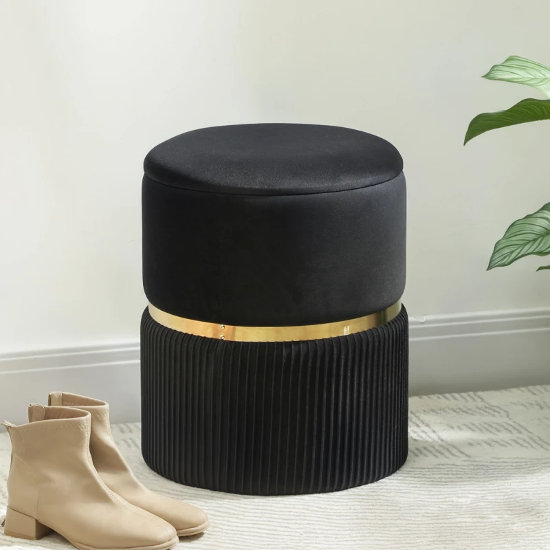 Image of HOMCOM HOMCOM Round Storage Foot Stool, Velvet-feel Fabric Upholstered Pouffe in Black One Size Unisex 5063603058644