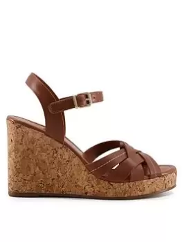 Image of Dune London Dune London Koral Cork Leather Heeled Wedge - Tan, Brown, Size 7, Women
