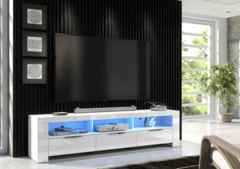 Image of Furneo 200Cm White Long TV Stand Unit Cabinet Matt & High Gloss Blue LED Lights Phantom 10
