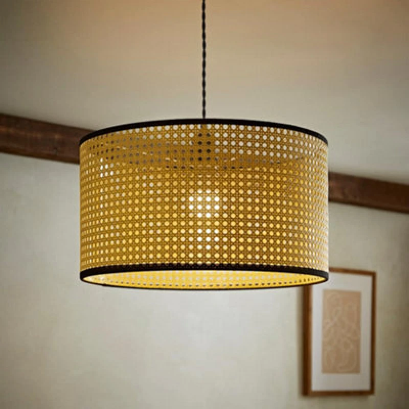 Image of ValueLights Reni Natural Cane with Black Trim Drum Ceiling Lamp Shade Natural