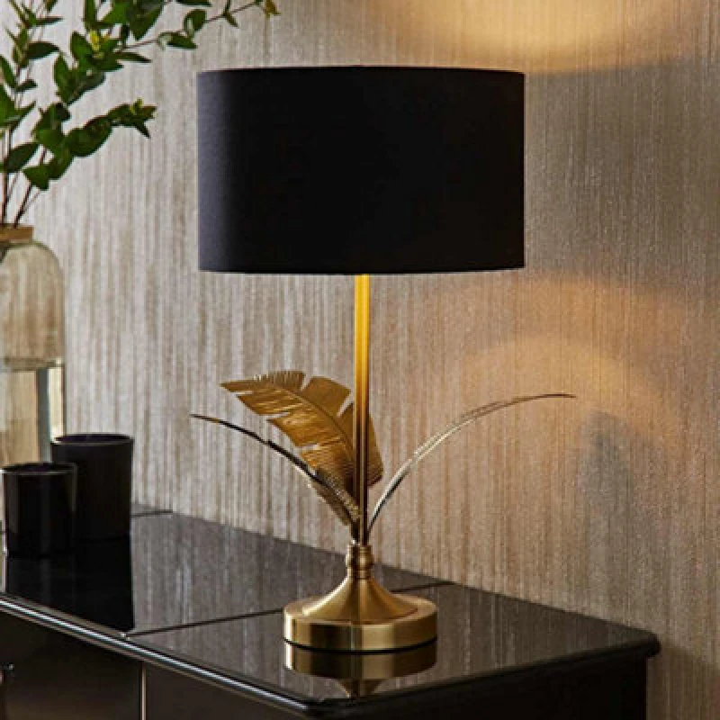 Image of ValueLights ValueLights Christina Fabric with Metallic Gold Inner Drum Shade Gold Palm Leaf Table Lamp in Black One Size Unisex 5059406065361