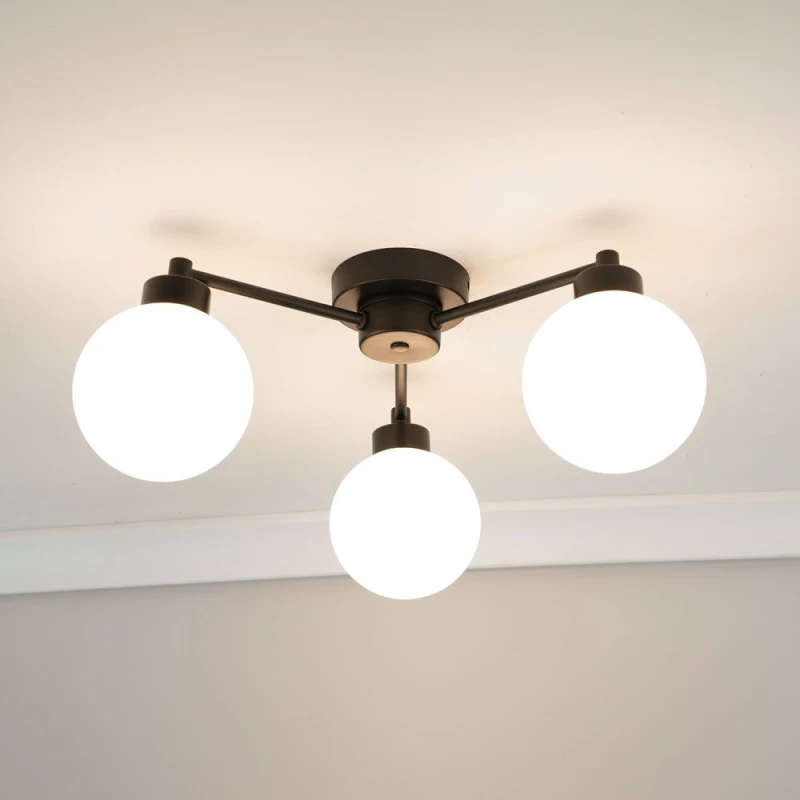 Image of ValueLights Jonah 3 Arm Globe Ball Shade Flush Ceiling Light with LED Bulbs Black