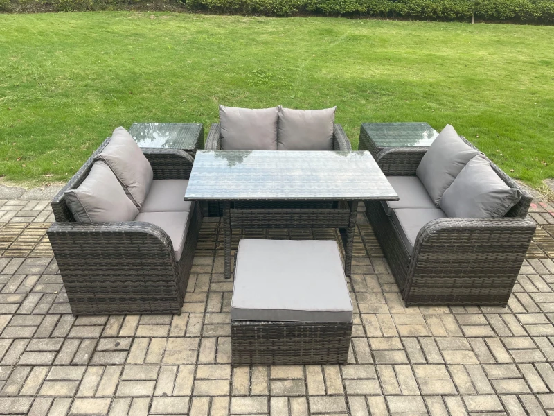 Image of Fimous 7 Seater Outdoor Rattan Garden Furniture Set with Patio Rectangular Dining Table Love Sofa 2 Side Tables Big Footstool Dark Grey Mixed Dark Gre