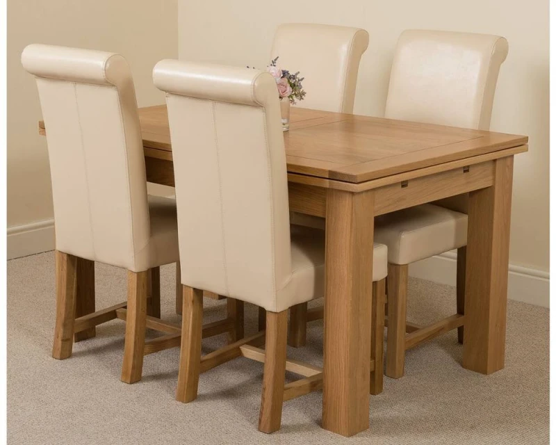 Image of Thats Furniture Richmond 140-220cm Oak Extending Dining Table + 4 Washington Leather Chairs in Cream Cream Unisex