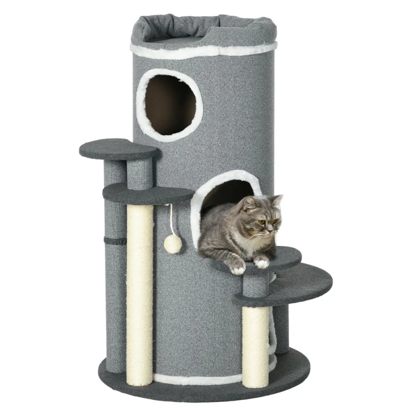 Image of PawHut Barrel Shaped Cat Tree With Sisal Scratching Posts - Grey D30-705V00GY