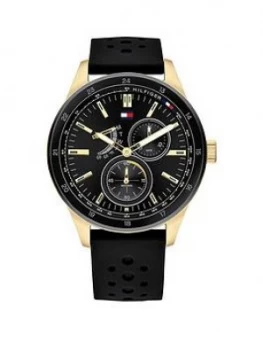 Image of Tommy Hilfiger Austin Black And Gold Detail Multi Dial Black Silicone Strap Mens Watch