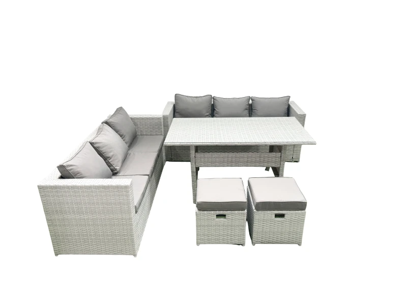 Image of Fimous Rattan Garden Furniture Set 8 Seater Outdoor Sofa Set with Dining Table 2 Small Footstools Light Grey Mixed Light Grey
