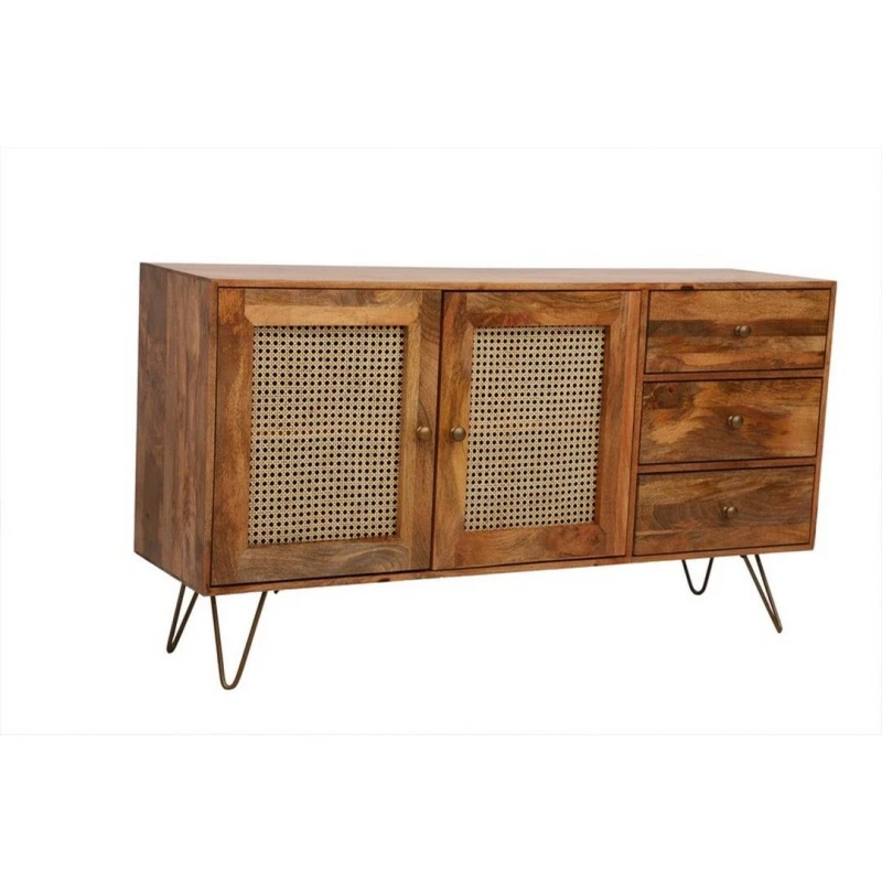 Image of Jaipur Furniture Ltd Nyack Large Sideboard - Mango Wood/Iron - L40 x W145 x H80cm - Light Brown with Natural Rattan - Assembly Required Brown Unisex