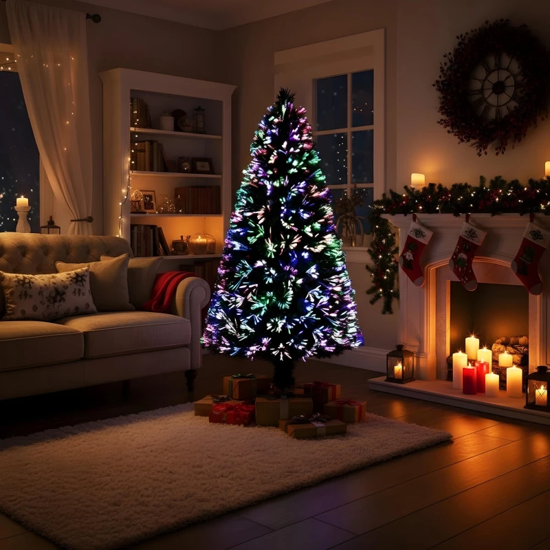Image of Shatchi 5ft/150cm Multicolour Fibre Optic Christmas Tree LED Pre-Lit Green