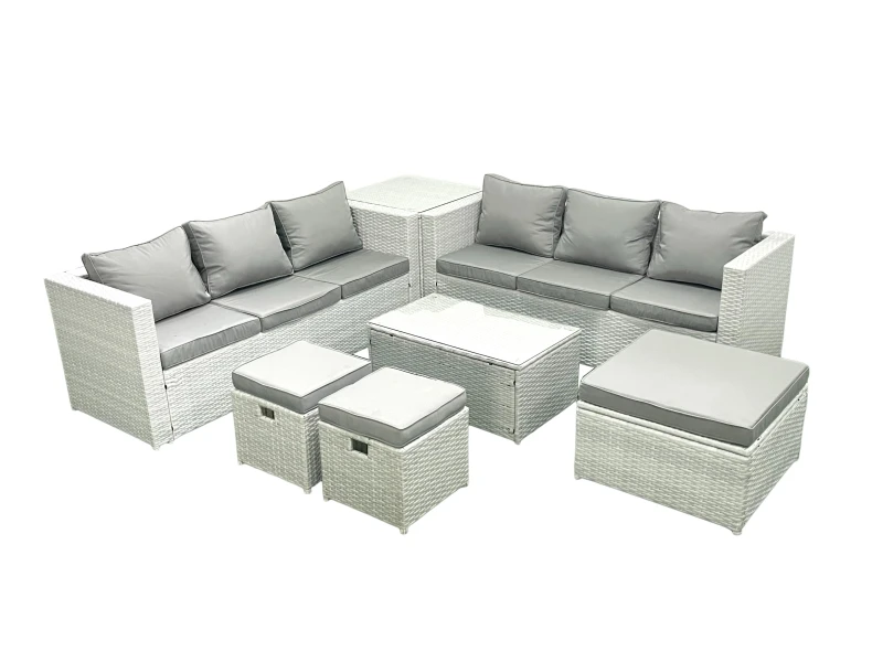 Image of Fimous Garden Outdoor PE Rattan Furniture Set 9 Seater Rattan Garden Sofa Set with 3 Footstools Side Table Light Grey Mixed Light Grey