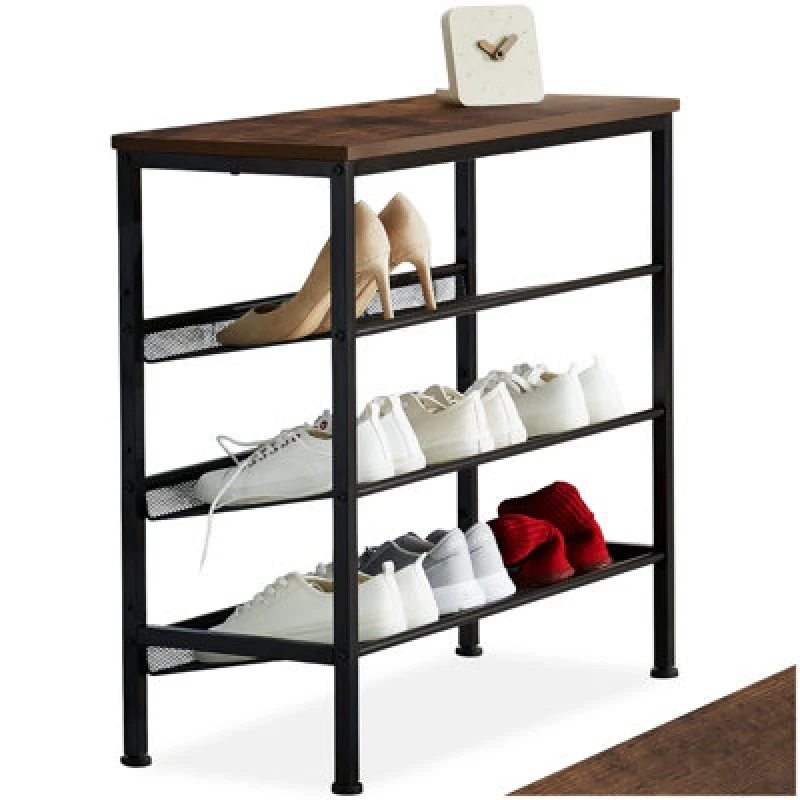 Image of Tectake Shoe Rack Wolverhampton - Surface Shelf And 3 Grid Shelves, Industrial Style - Industrial Wood Dark, Rustic