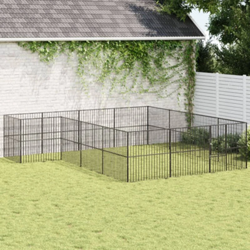 Image of vidaXL Dog Playpen 16 Panels Black Galvanised Steel, Black 3209559