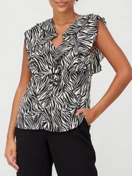 Image of Wallis Zebra Short Sleeve Ruffle Top - Black, Size 8, Women