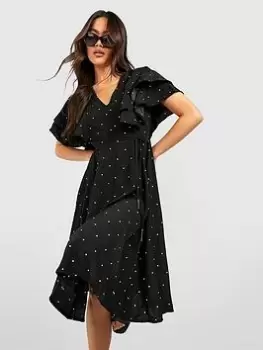 Image of Boohoo Polka Dot Ruffle Midi Dress - Black, Size 8, Women