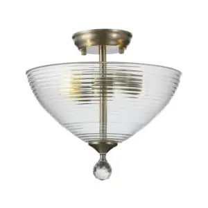Image of Luminosa Talisa 2 Light Semi Flush Ceiling Lamp E27 With Round 33.5cm Prismatic Effect Glass Shade Satin Nickel, Clear