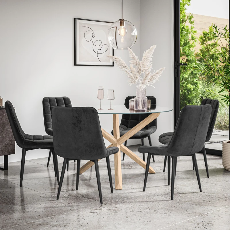 Image of More4Homes Malvern Round Dining Table And Chairs - Clear Glass Table Top W Solid Oak Legs + Nova Velvet Dining Chair Set Of 6 (Black)