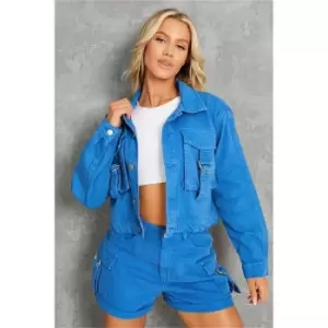 Image of I Saw It First Cobalt Blue Cropped Cargo Denim Jacket - Blue