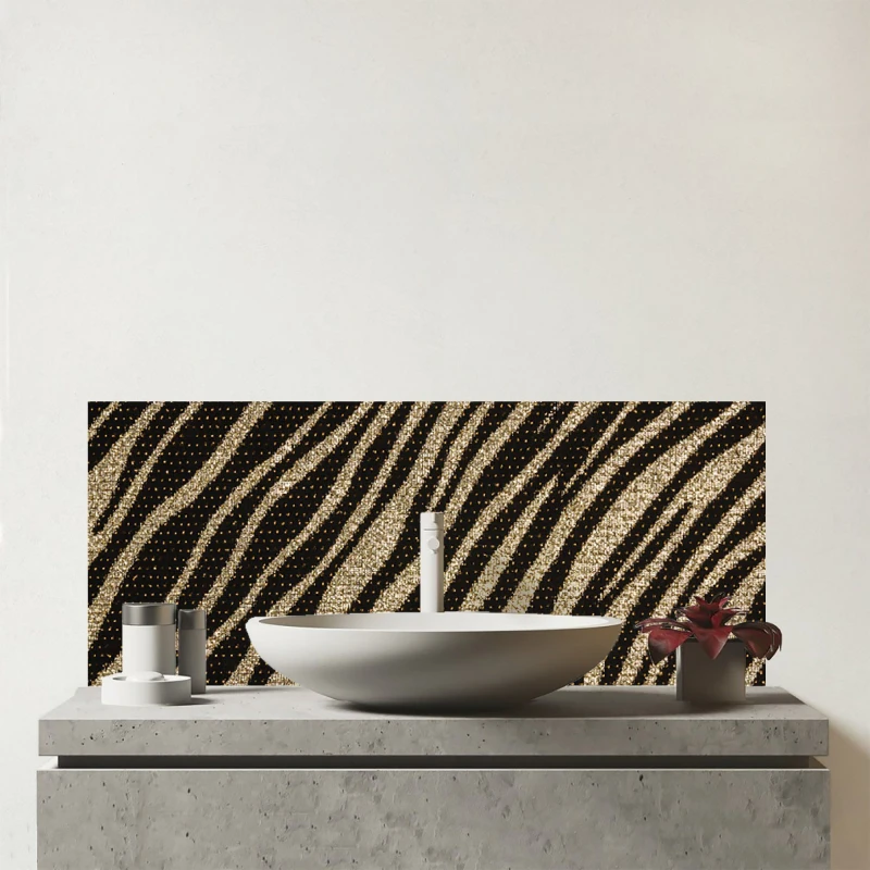 Image of Warren Reed - Designer Golden Zebra Print Glass Bathroom Splashback in Brown Brown Unisex