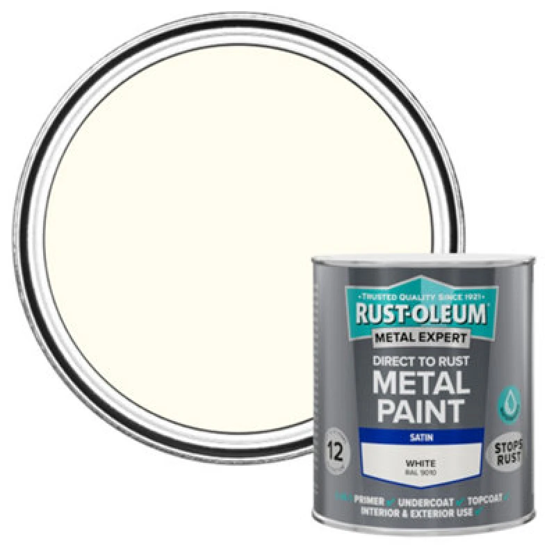 Image of Rust-Oleum Metal Expert White Satin Topcoat Paint, 750Ml Tin
