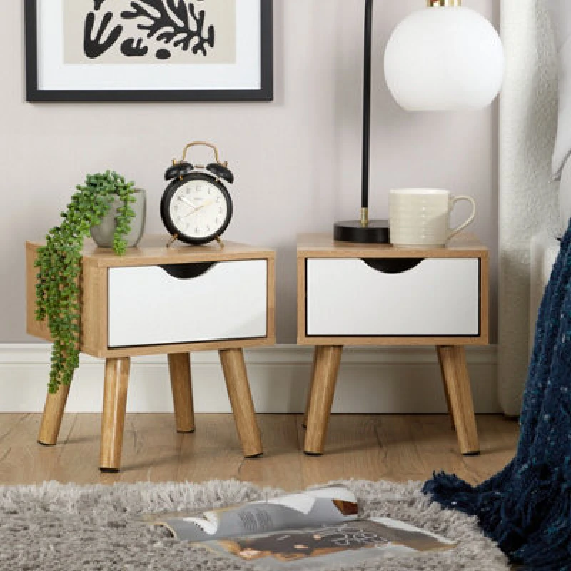 Image of Home Source Boden Pair Of 1 Drawer Oak White Bedside Table Storage Units