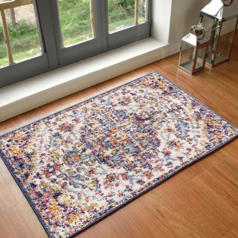 Image of Livabliss Harput-Vintage Blue Orange Yellow Grey Traditional Boho Living Rug in Navy Size: 60cm x 90cm Navy Unisex 60cm x 90 cm