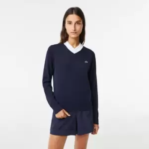 Image of Womens Lacoste SPORT Contrast Polo Collar Golf Sweater Size 8 Navy Blue / White