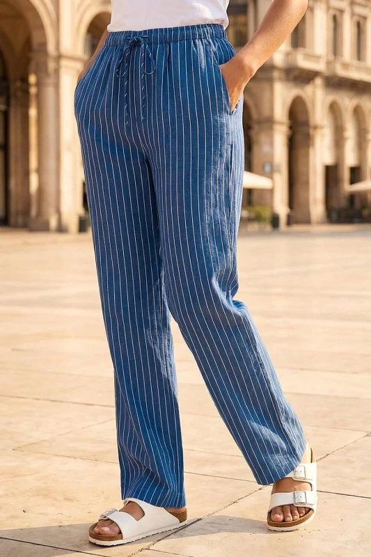 Image of Roman Womens Petite Stripe Pull On Stretch Trouser in Blue Size: 12 Blue Female 12