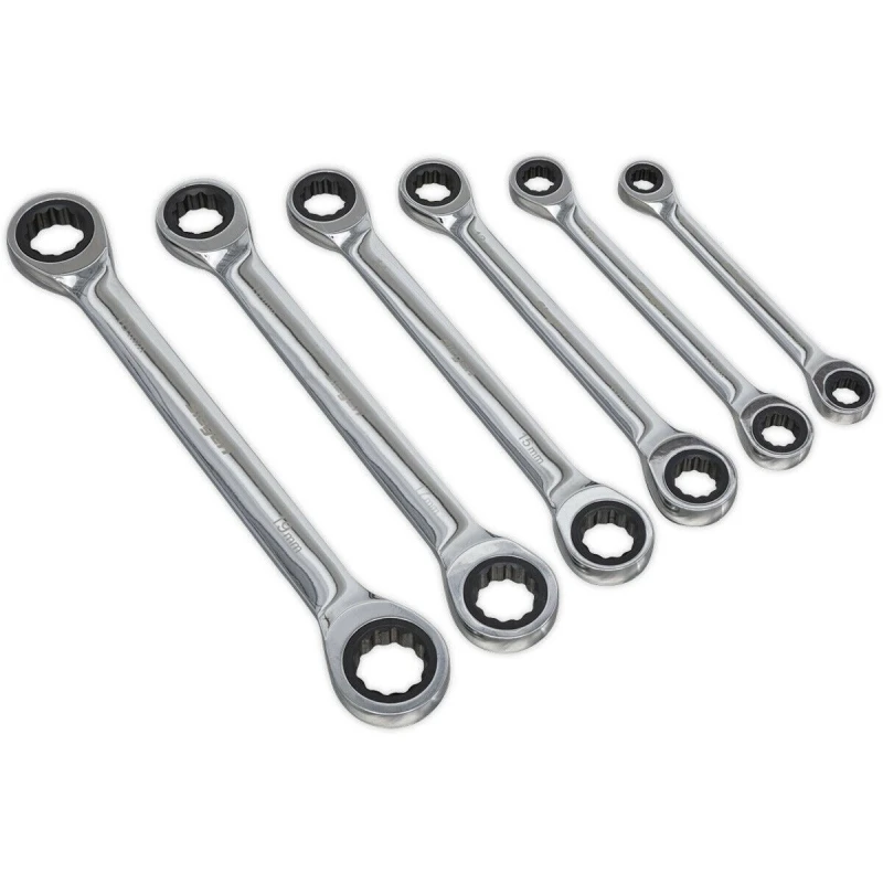 Image of Loops 6pc Double Ended Ratchet Ring Spanner / Socket Set - 12 Point Moving Metric Ring Multi