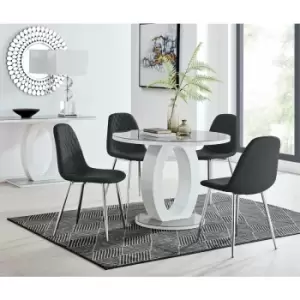 Image of Furniturebox UK - Furniturebox Giovani White High Gloss And Grey Glass 100cm Round Dining Table And 4 Black Corona Faux Leather Dining Chairs with