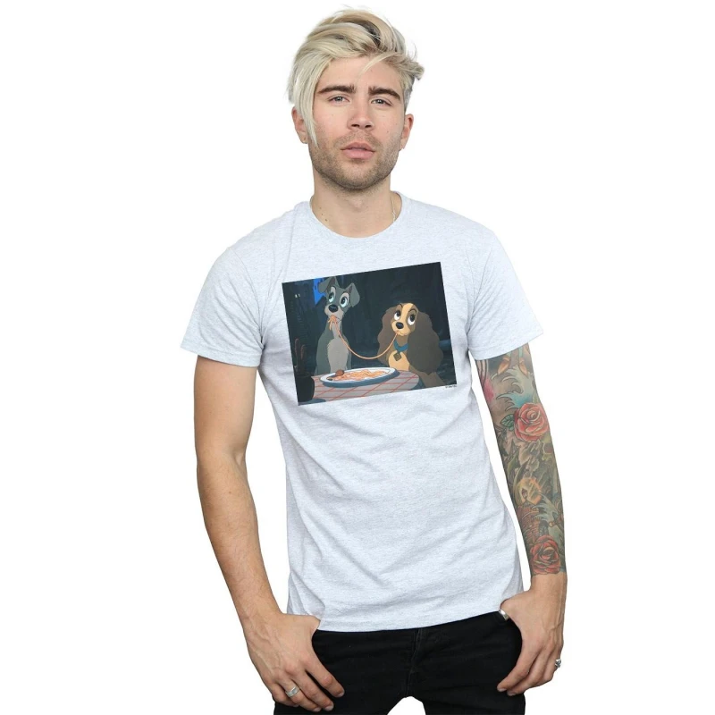 Image of Disney Men Lady And The Tramp Spaghetti Slurp T-Shirt in Grey Size: Small Grey S Male 5059114359219