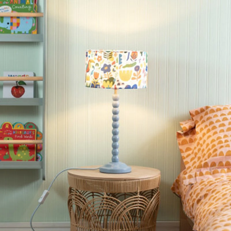 Image of ValueLights Bobbins Powder Blue Table Lamp with Fabric Jungle Drum Lamp Shade Multi