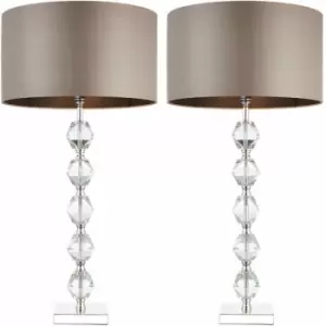 Image of 2 PACK Glass Table Lamp Light Silver Crystal & Taupe Shade Square Base Sideboard
