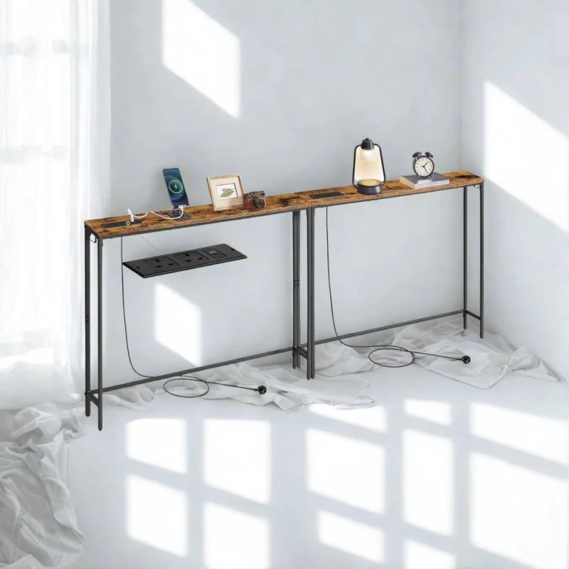 Image of Pirlo Plush Set of 2 Industrial Console Table With Charging Station Rustic Brown Brown Unisex