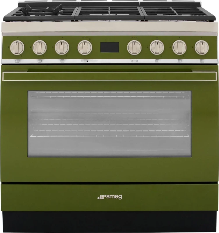 Image of Smeg Portofino CPF9GPOG 90cm wide Dual Fuel Range Cooker with Gas Hob and Pyrolytic Cleaning - Olive Green - A+ Rated, Green