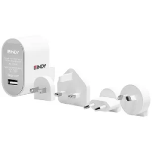 Image of LINDY 73304 Travel charger Mains socket Max. output current 2.4 A 1 x USB-A incl. AUS adapter, incl. Europe adapter, incl. UK adapter, incl. US adapte