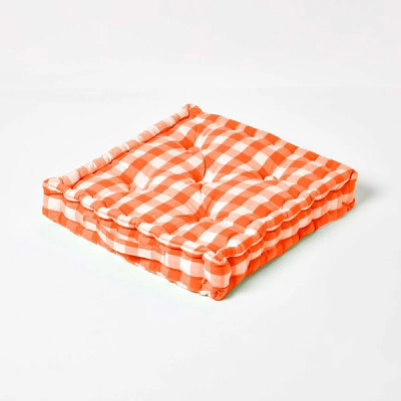 Image of Homescapes Orange Block Check Cotton Gingham Floor Cushion, 40 X 40 Cm
