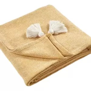 Image of Appletreeloft - Appletree Loft Kaidon Woven 100% Recycled Cotton Rich Tasselled Throw, Ochre, 130 x 180 Cm