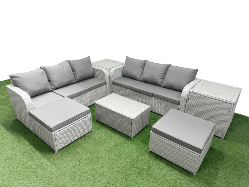 Image of Fimous Outdoor Garden Furniture Sets 8 Seater Wicker Rattan Furniture Sofa Sets with Rectangular Coffee Table high Back Lounge Sofa 2 Big Footstool 2