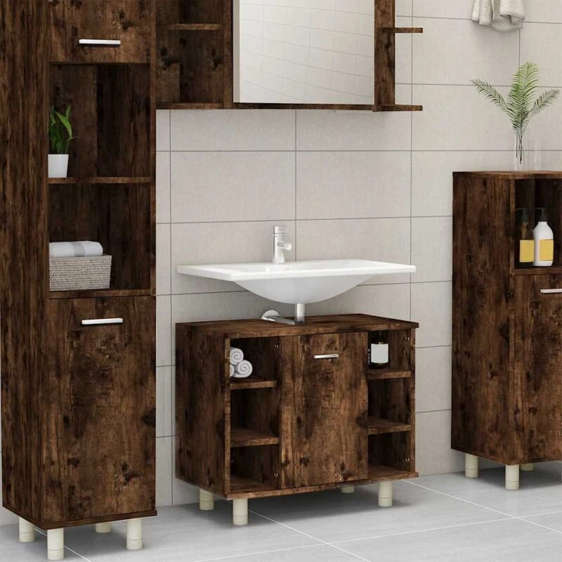Image of Vidaxl Bathroom Cabinet Smoked Oak 60X32X53.5cm Engineered Wood, Brown 826372