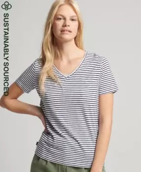 Image of Superdry Womens Organic Cotton Studios Pocket V-Neck T-Shirt Navy / Navy Breton - Size: 8