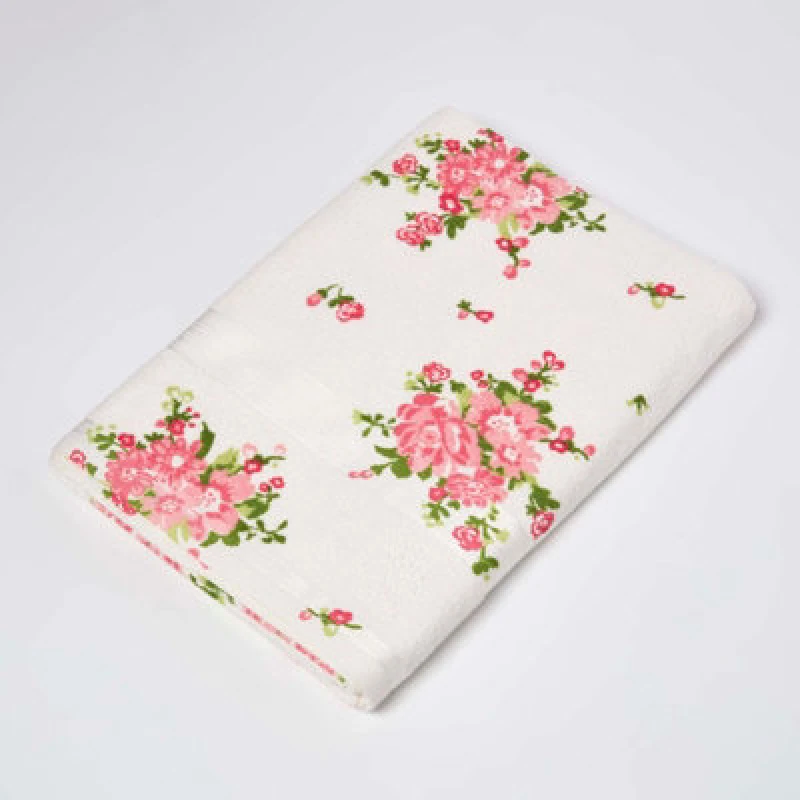 Image of Homescapes Floral Printed Cream Bath Sheet 100% Cotton