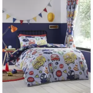 Image of Kids Road Trip Reversible Duvet Cover Set Cartoon Car/ Road Signs Bedding Blue Toddler - Blue
