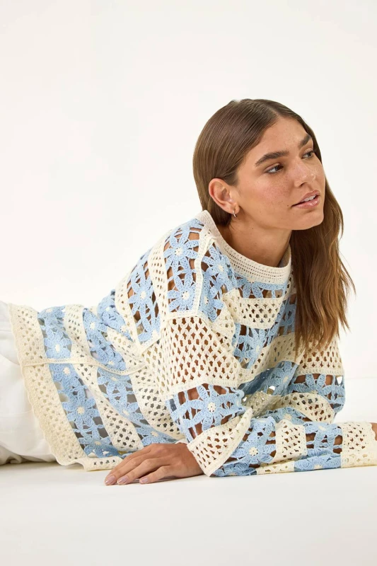Image of Roman Womens Floral Stripe Crochet Knit Jumper in Light Blue Size: Large Light Blue Female L
