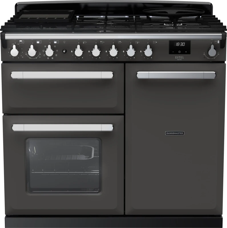 Image of Rangemaster Estel Deluxe ESDL100DFPSLT/CM1 100cm Dual Fuel Range Cooker - Slate / Chrome - A/A Rated
