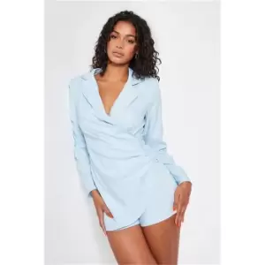 Image of I Saw It First Baby Blue Woven Drape Drape Blazer Playsuit - Blue